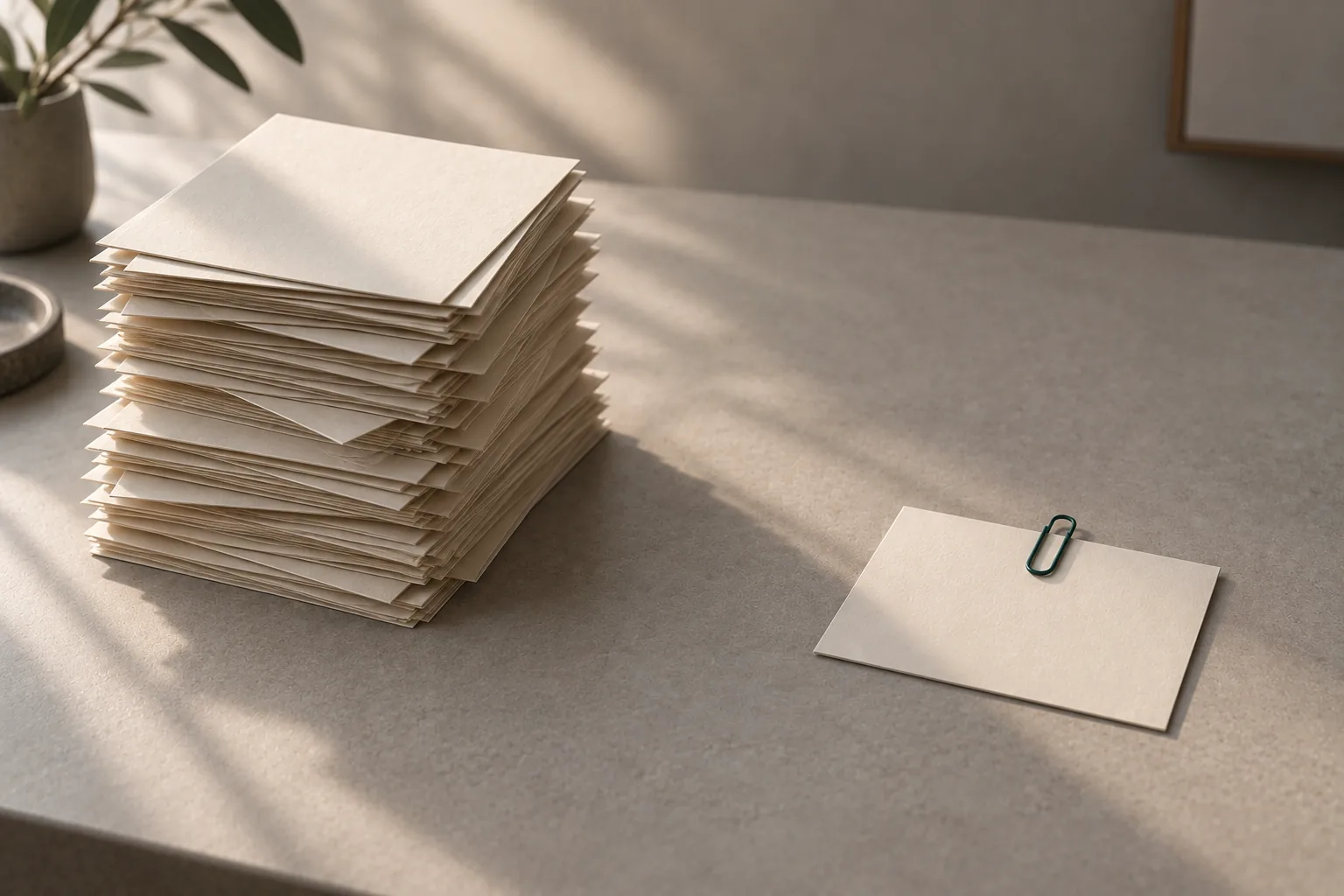 A tall stack of blank paper sheets on a desk, beside a single index card held by a green paper clip