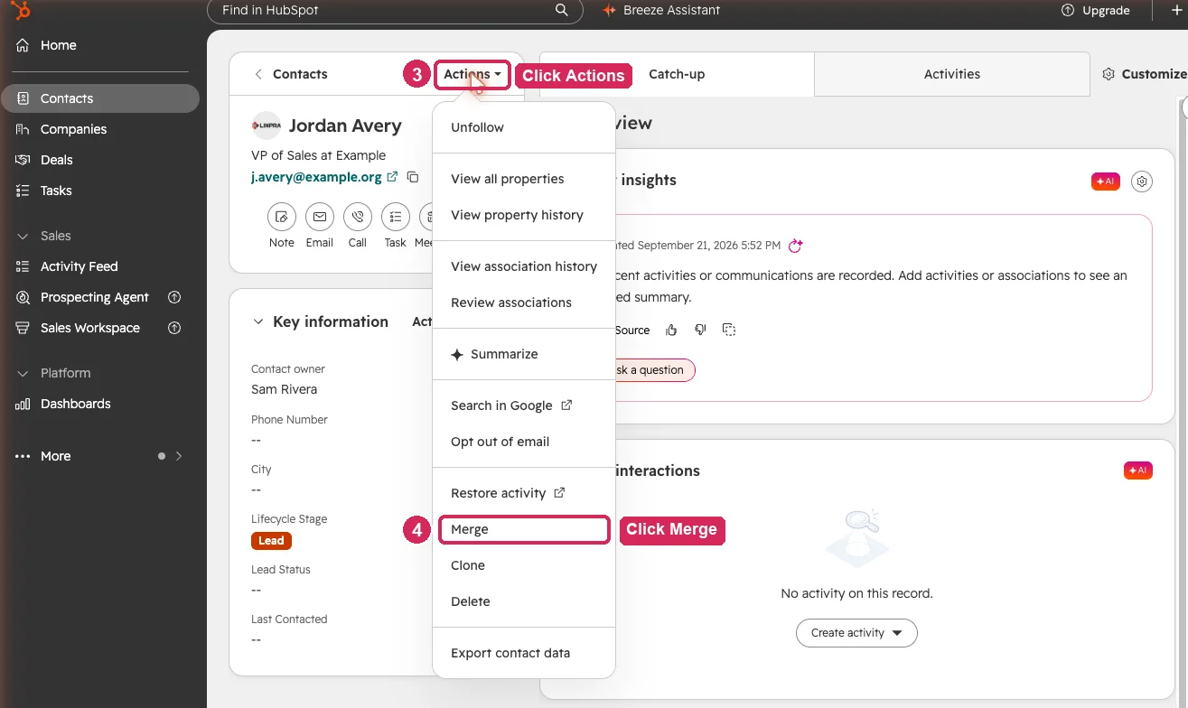 A HubSpot contact record with the Actions menu open, Actions marked 3 and Merge marked 4
