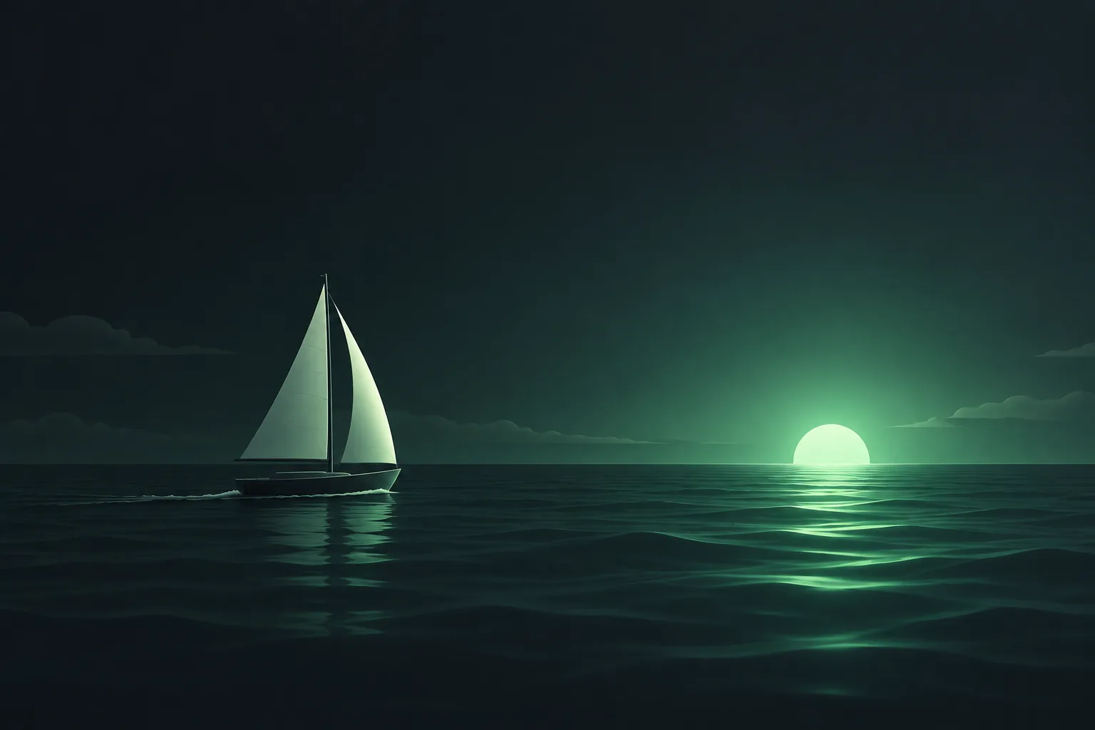 A small sailing boat under way on open water at dusk, heading toward a low sun