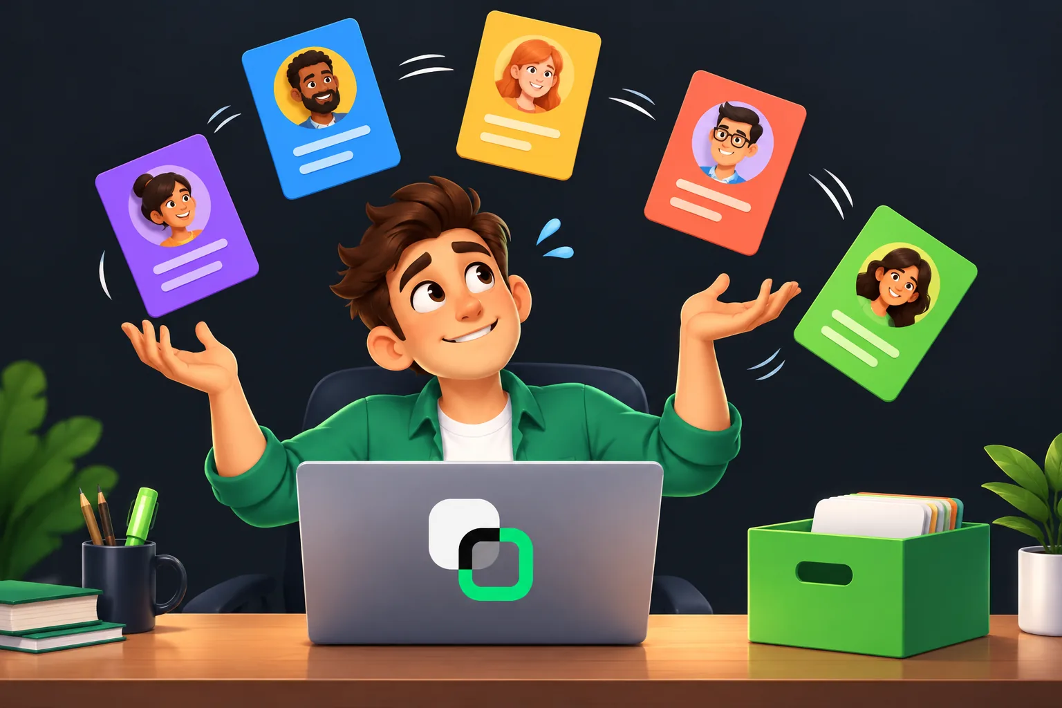 Cartoon of a salesperson behind a laptop, juggling five contact profile cards