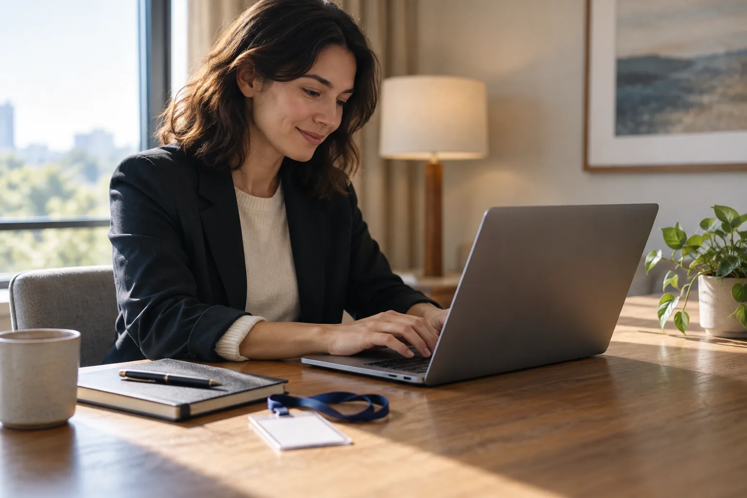 Person typing on a laptop beside a notebook and an unbranded event badge.