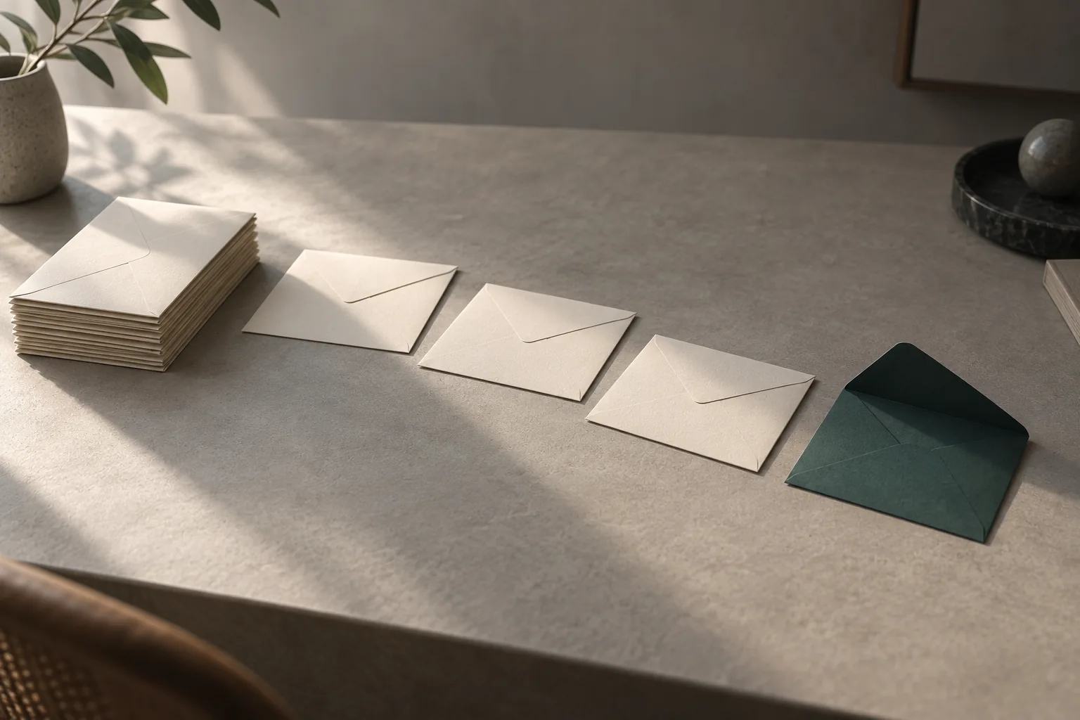 A stack of cream envelopes on a desk, three laid out in a row, and an open dark green envelope at the end