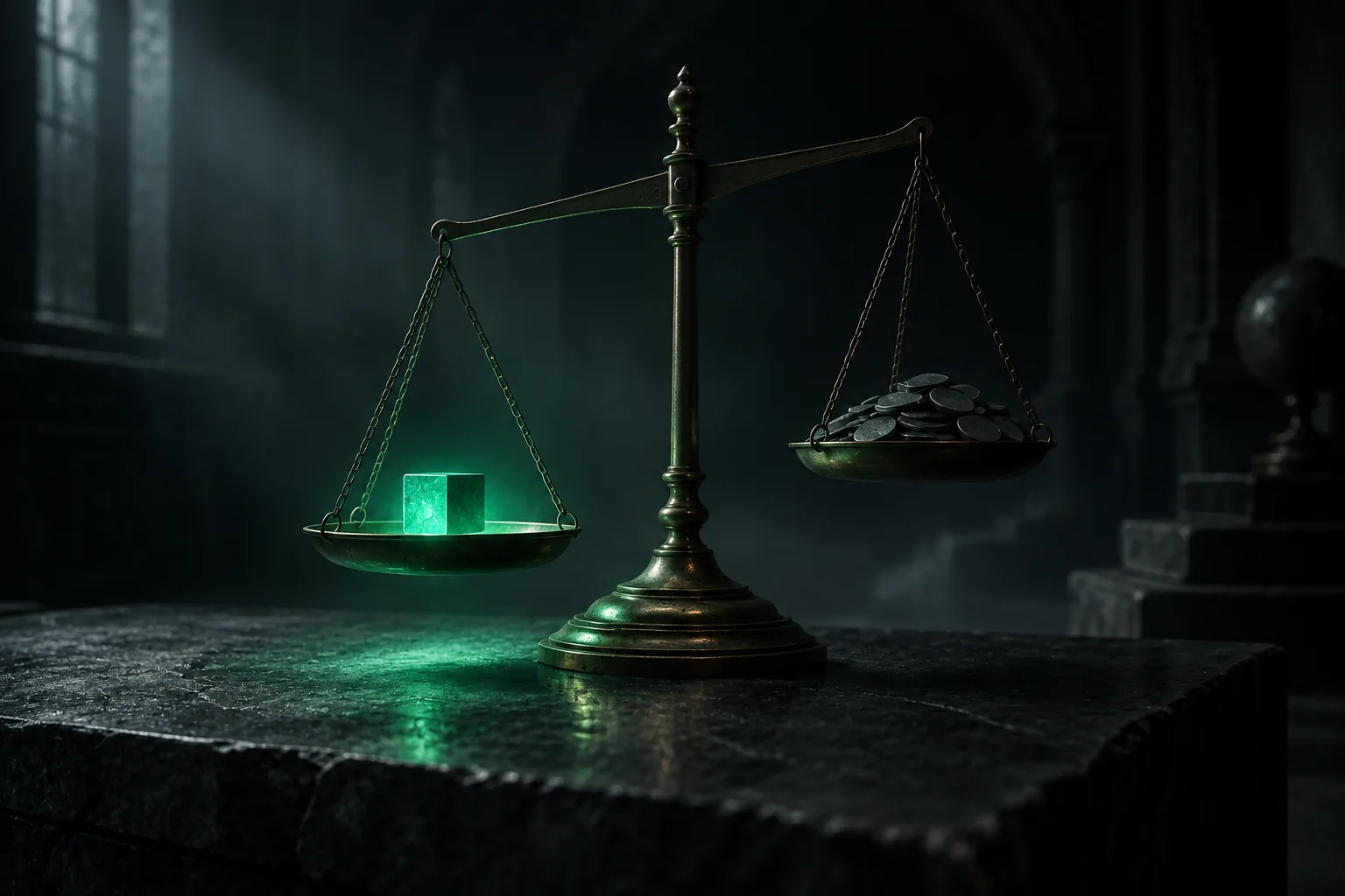 A brass balance scale weighing a glowing green cube against a pile of dull coins