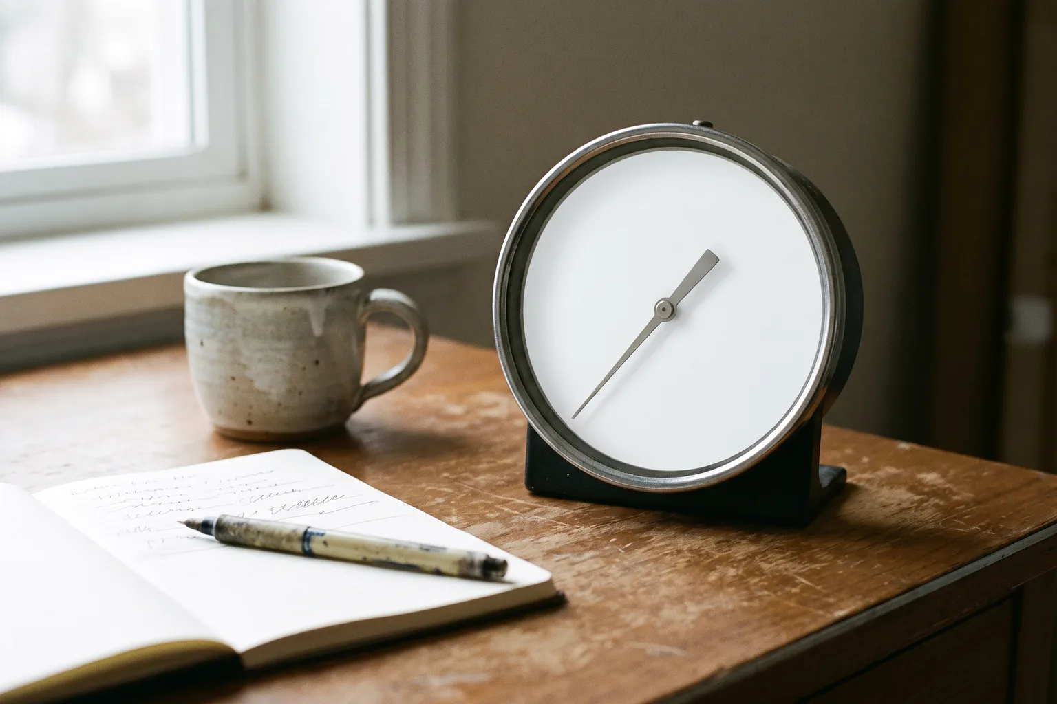 A round gauge with a blank face and one needle on a desk beside an open notebook, a pen and a mug.