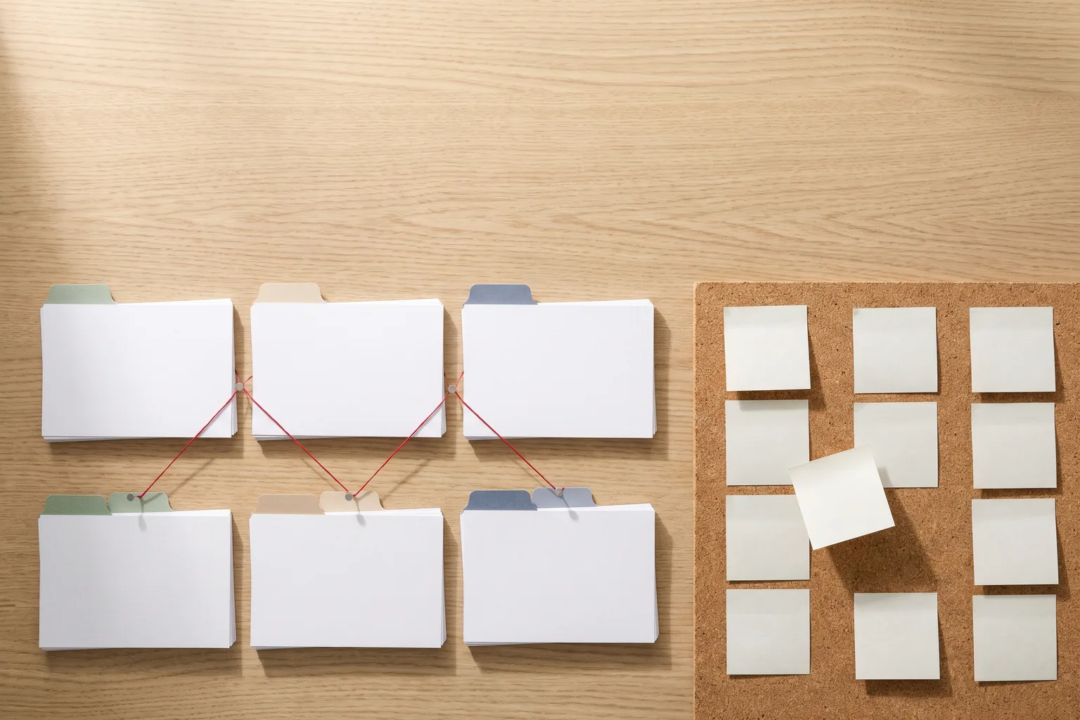 Six stacks of index cards linked by red thread beside a corkboard of cards in three columns, one card mid-move.