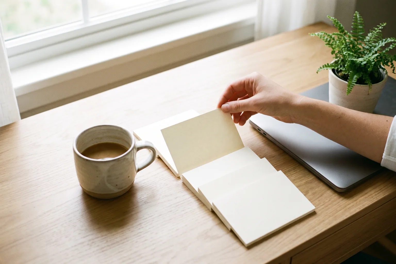 A hand lifting one blank card from a stack of cards on a sunlit desk beside a mug and a closed laptop.