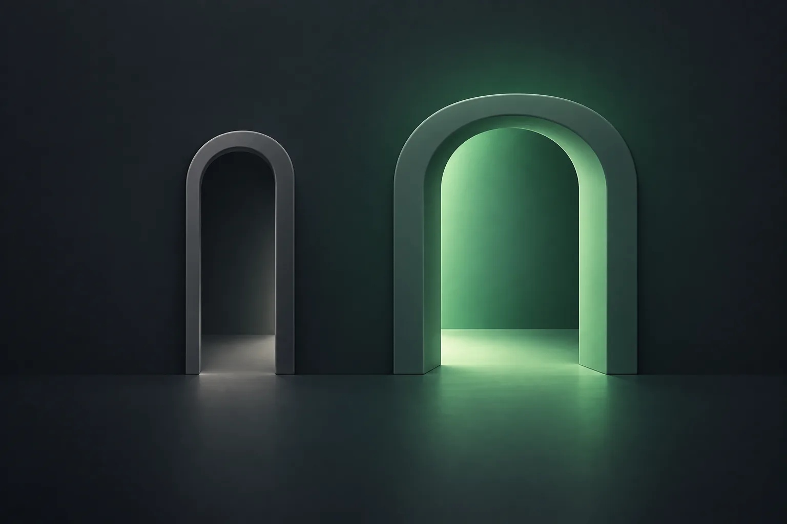 Two unmarked archways side by side, one narrow and dim, one wide and lit