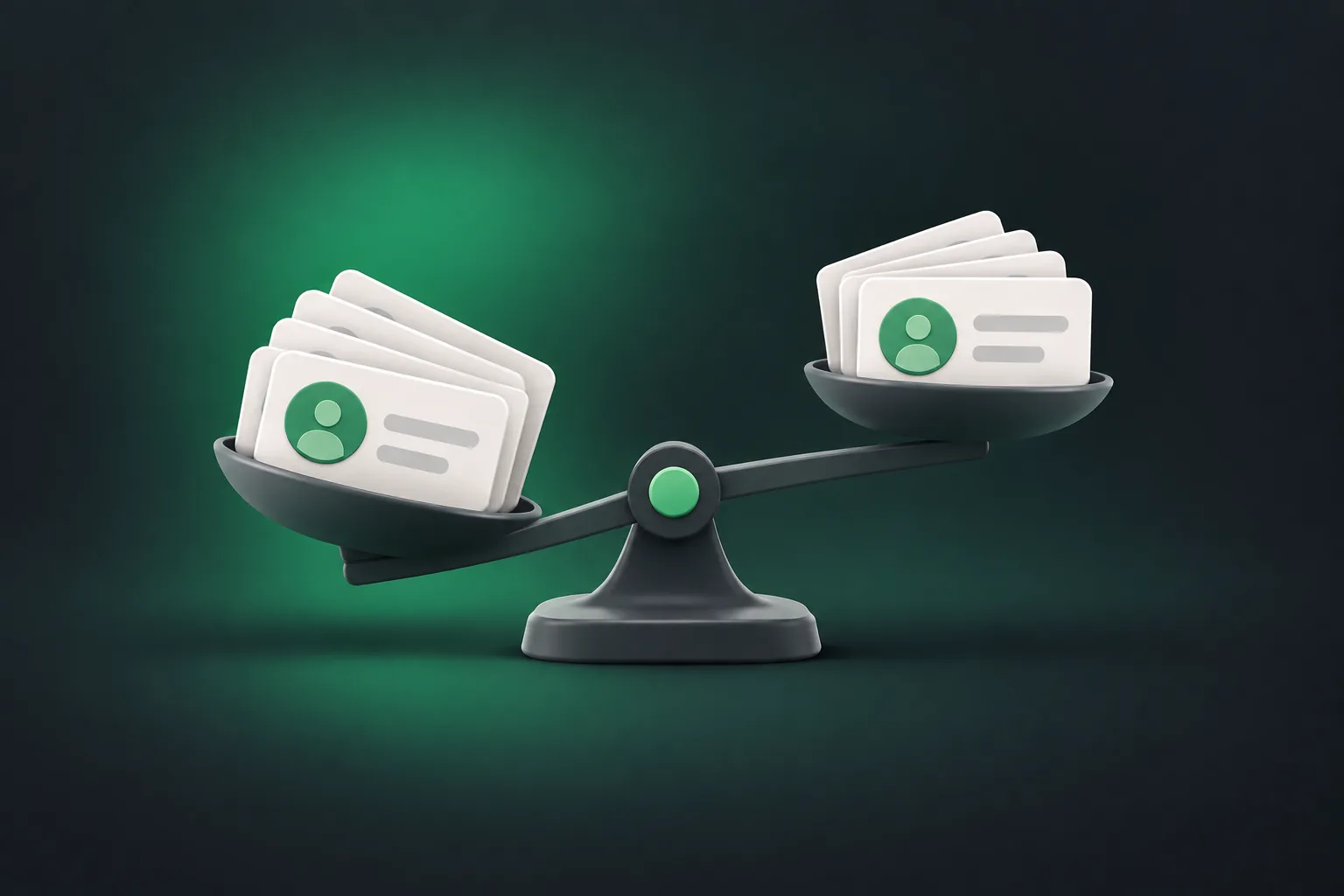 A balance scale weighing two stacks of contact cards against each other