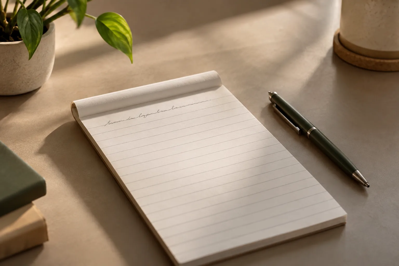 A lined notepad with one handwritten line and a pen beside it on a sunlit desk.