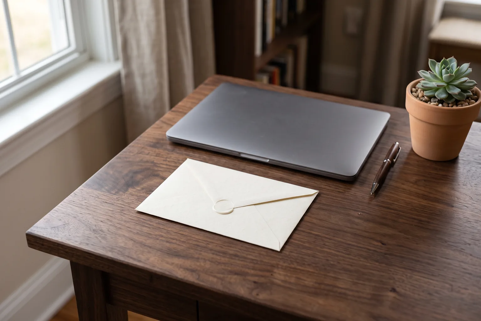 A sealed cream envelope on a walnut desk beside a closed laptop, a pen and a small potted succulent.