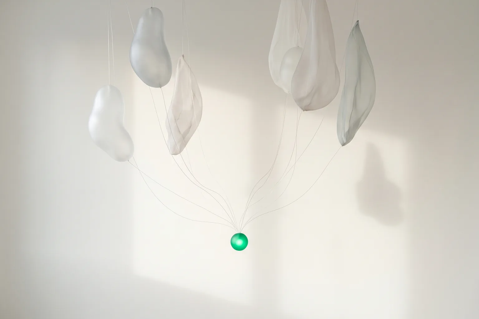Pale translucent shapes hanging in a bright white room, joined by thin lines that gather at one small green sphere