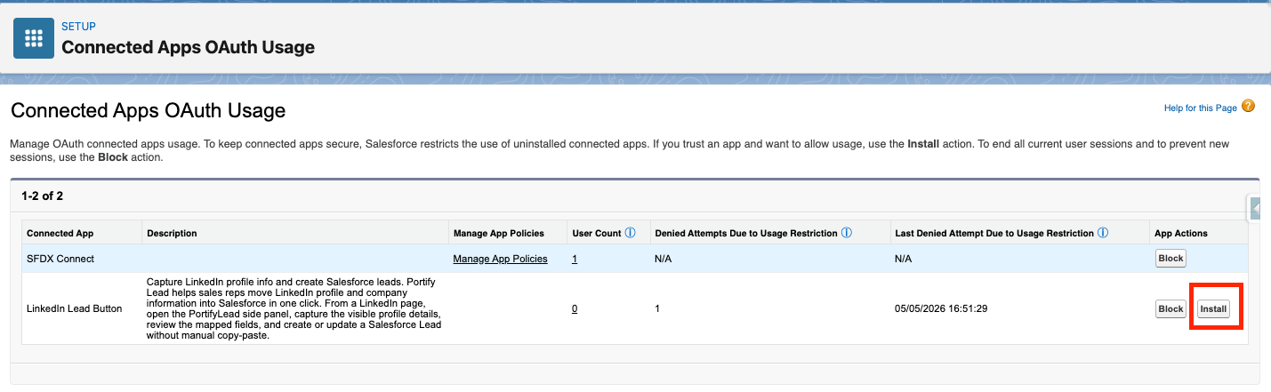 Salesforce Connected Apps OAuth Usage page showing the Install action for the Portifylead app