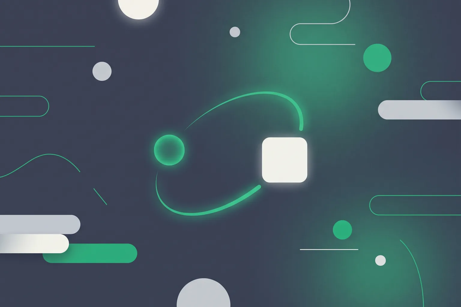 A green circle and an off-white square joined by a glowing green orbit