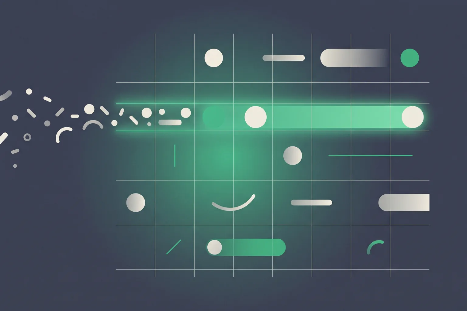 Scattered shapes lining up into one glowing green row of a faint grid
