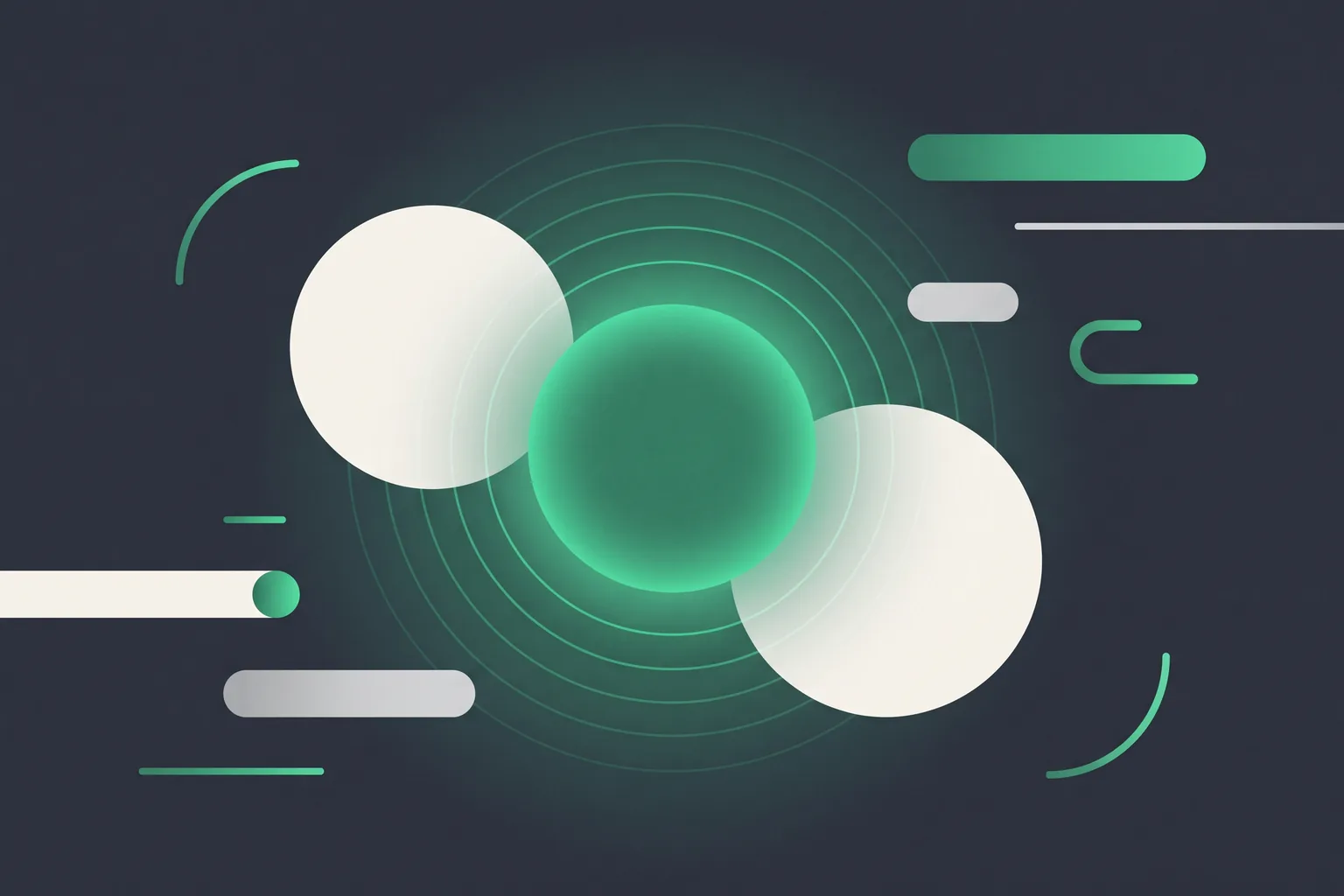 Two off-white circles overlapping into one glowing green circle on a dark background