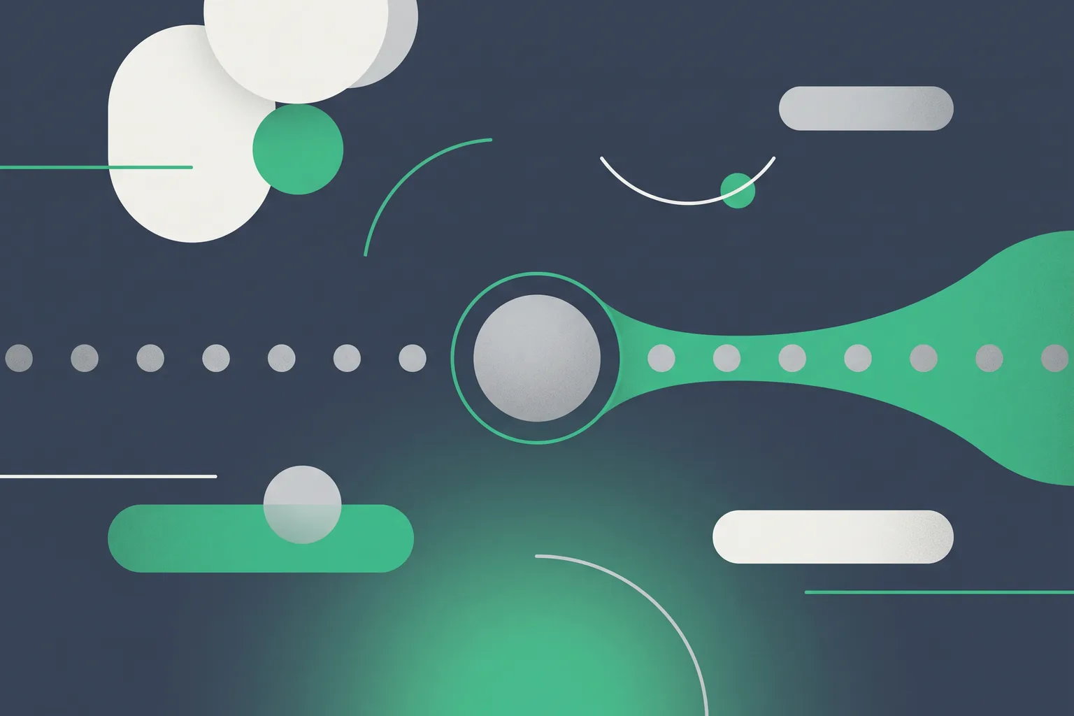 A line of grey dots with one dot circled in green that flows on as a single green shape