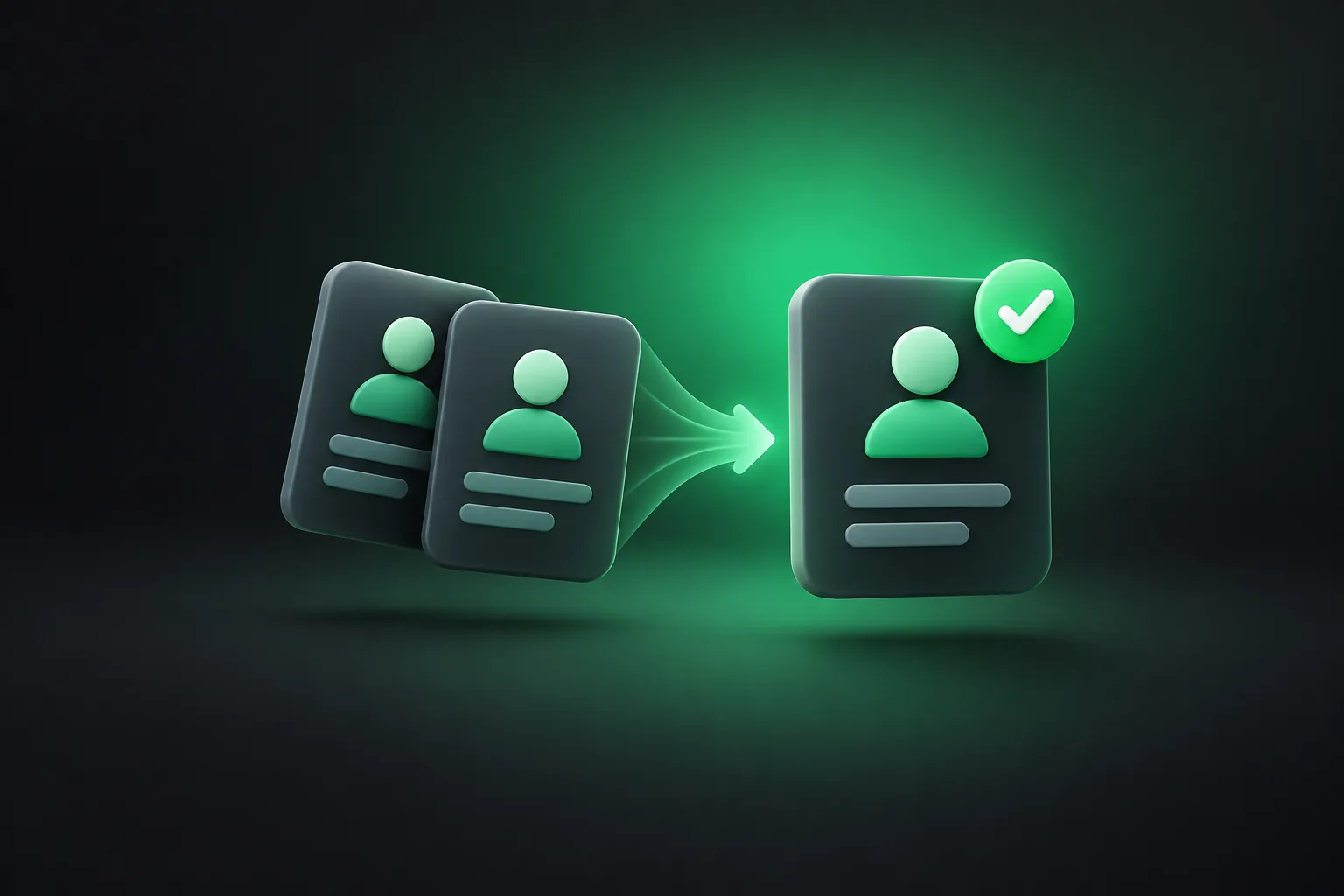 Two duplicate contact cards merging into one contact card with a green check mark