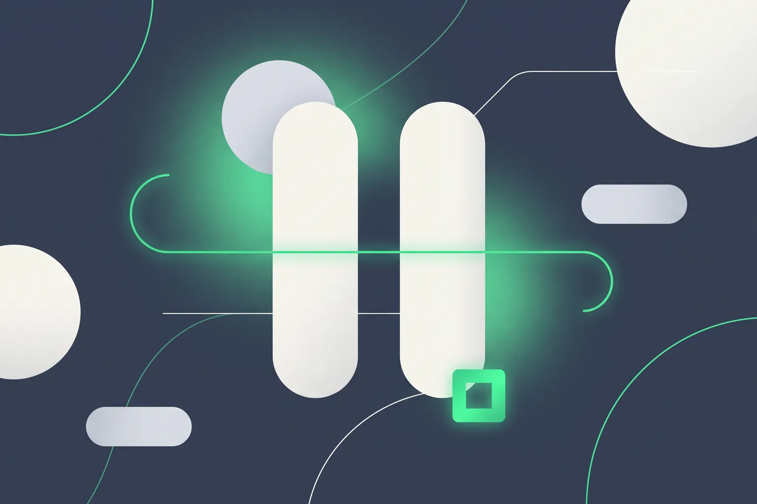 A green line running through two off-white columns and ending in a small green square