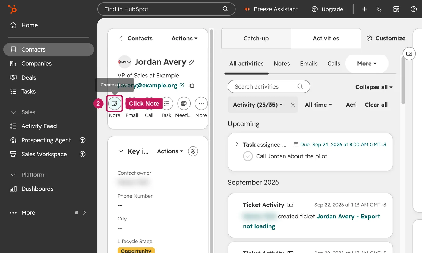 HubSpot screen for step 2: Under the contact's name, click Note.