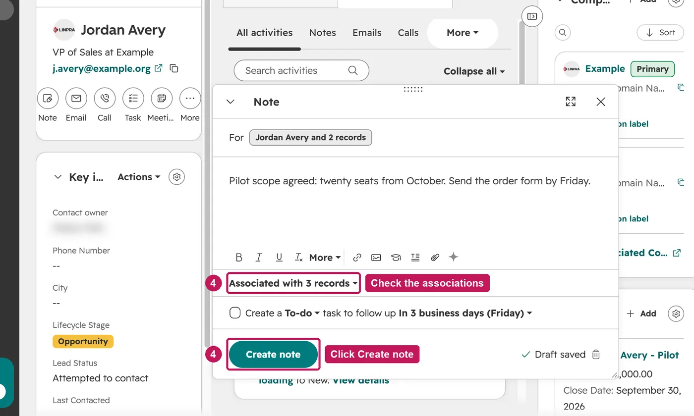 HubSpot screen for step 4: Check which records the note is associated with, then click Create note.