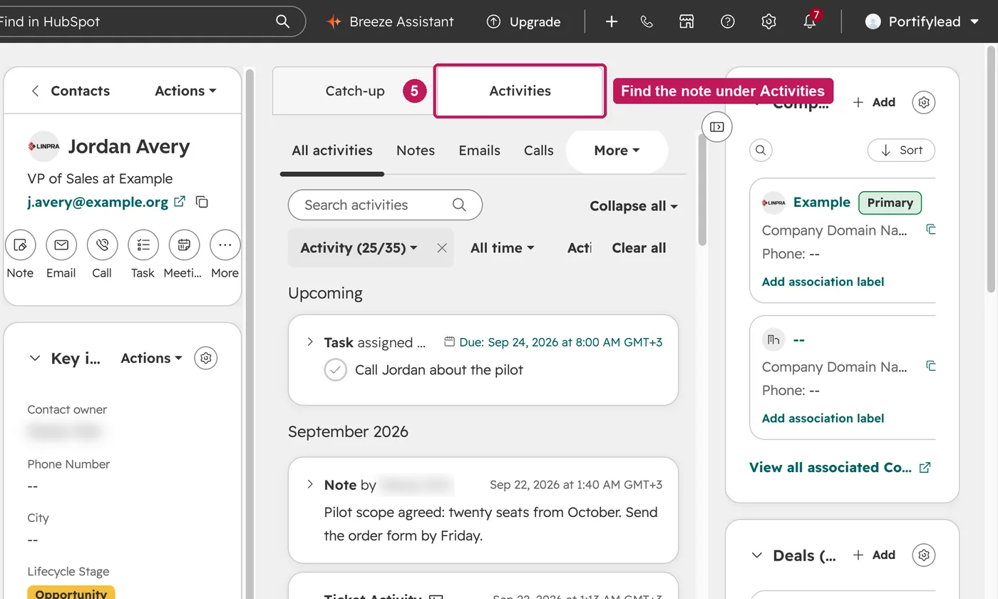 HubSpot screen for step 5: The note is on the contact's timeline, under Activities.