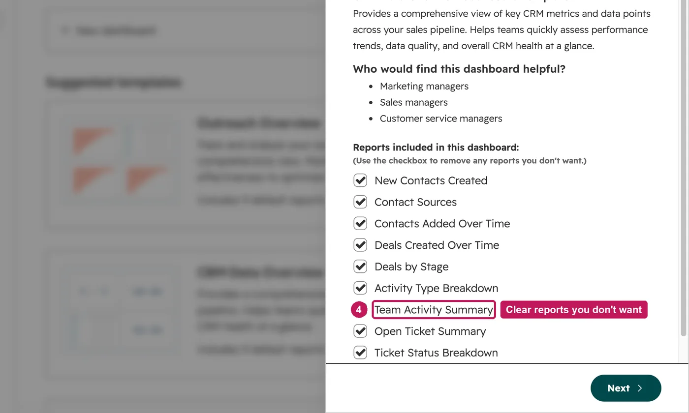 HubSpot screen for step 4: Clear the reports you don't want, then click Next.