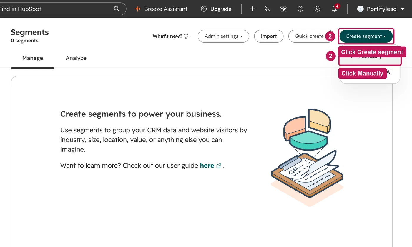 HubSpot screen for step 2: Click Create segment, then Manually.