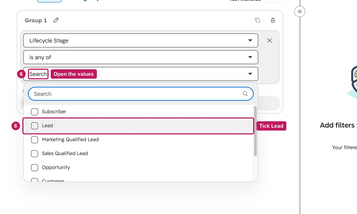 HubSpot screen for step 6: Choose the values to match. The preview shows who matches.