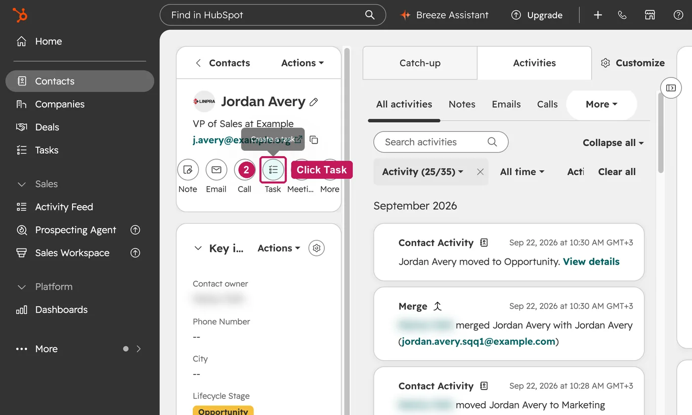 HubSpot screen for step 2: Under the contact's name, click Task.