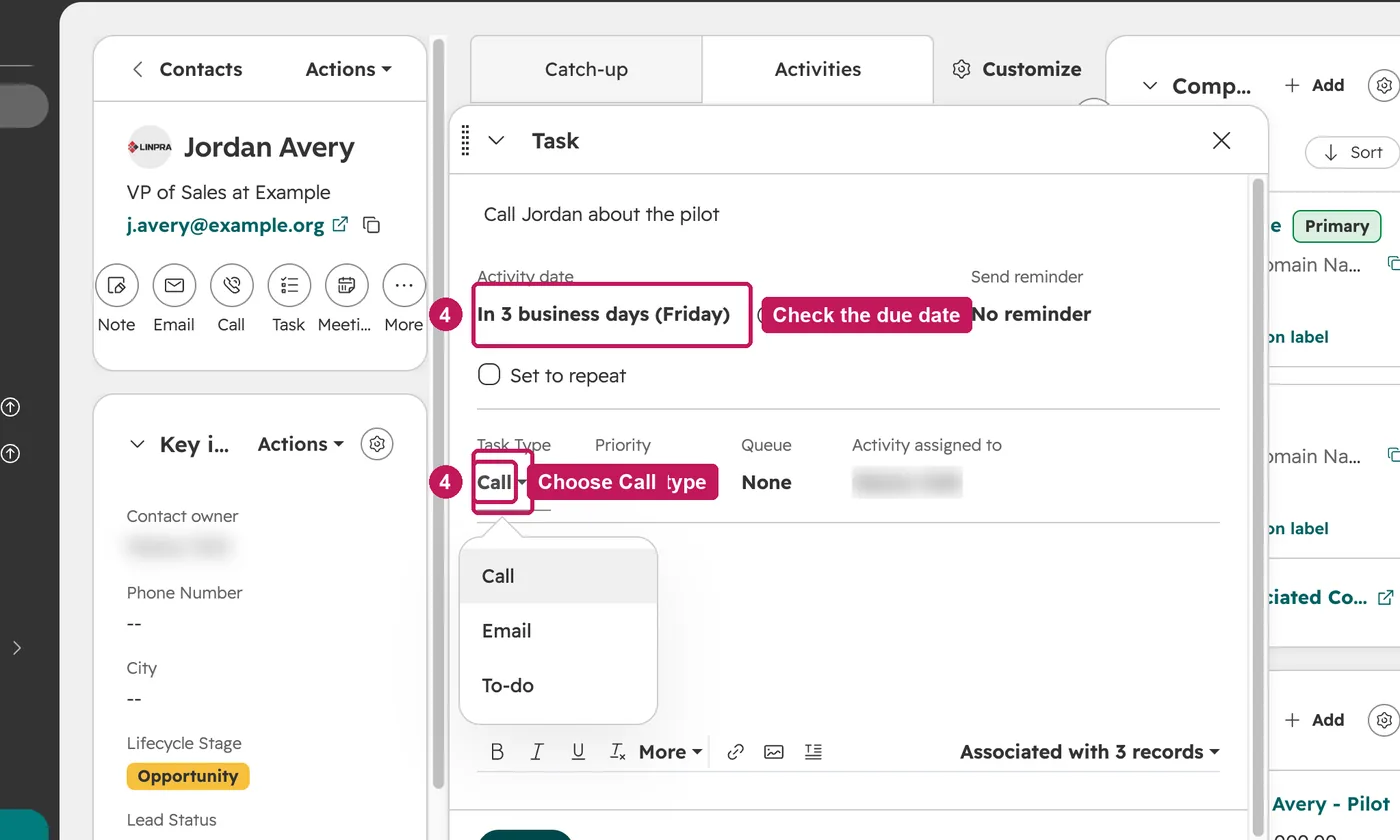HubSpot screen for step 4: Check the due date, then set Task type, for example to Call.
