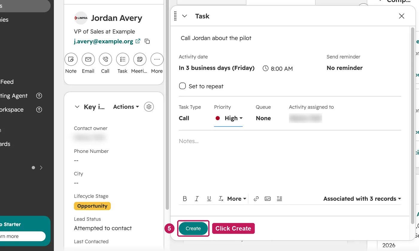 HubSpot screen for step 5: Set the priority and click Create.