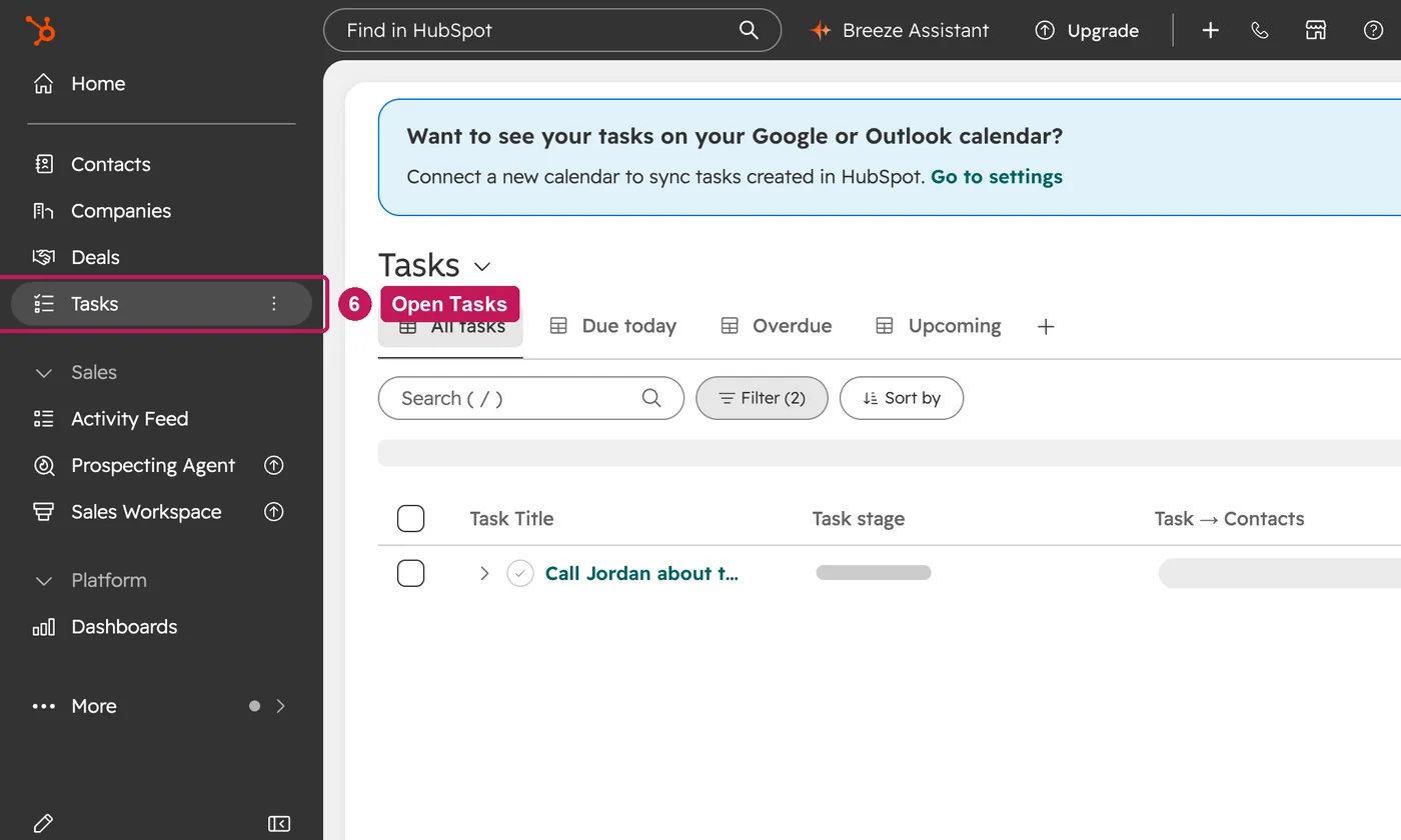 HubSpot screen for step 6: The task is on the contact and in your Tasks list.