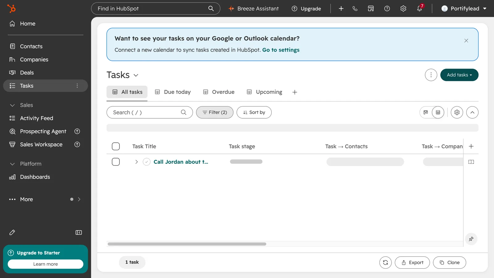 HubSpot screen from the video: The task is on the contact and in your Tasks list.