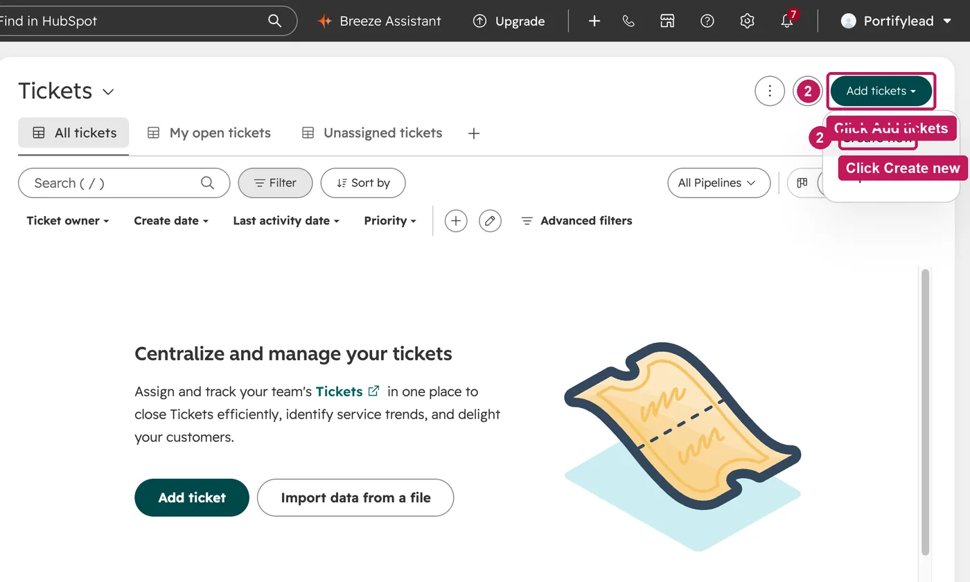 HubSpot screen for step 2: Click Add tickets, then Create new.