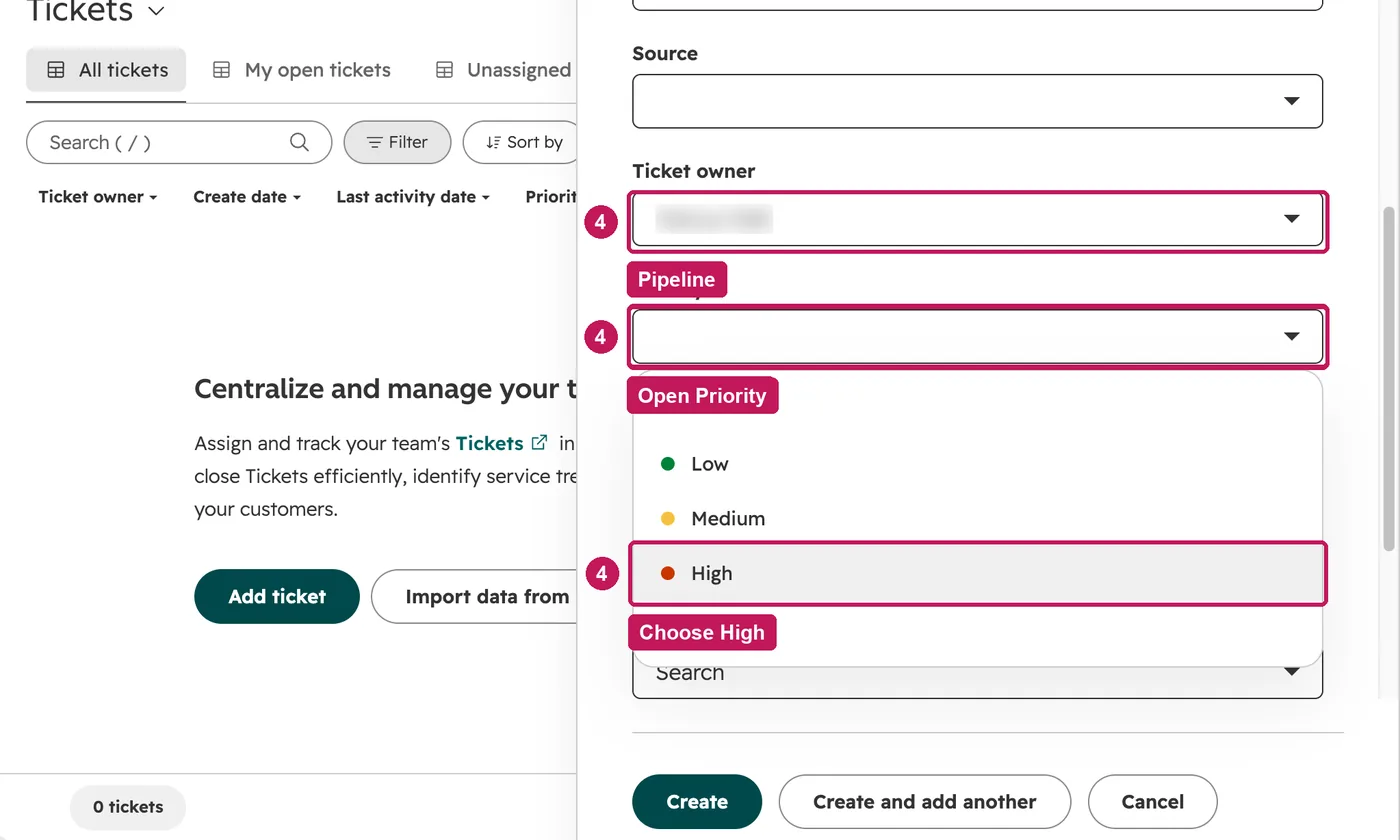 HubSpot screen for step 4: Check the pipeline and status, then set the priority.