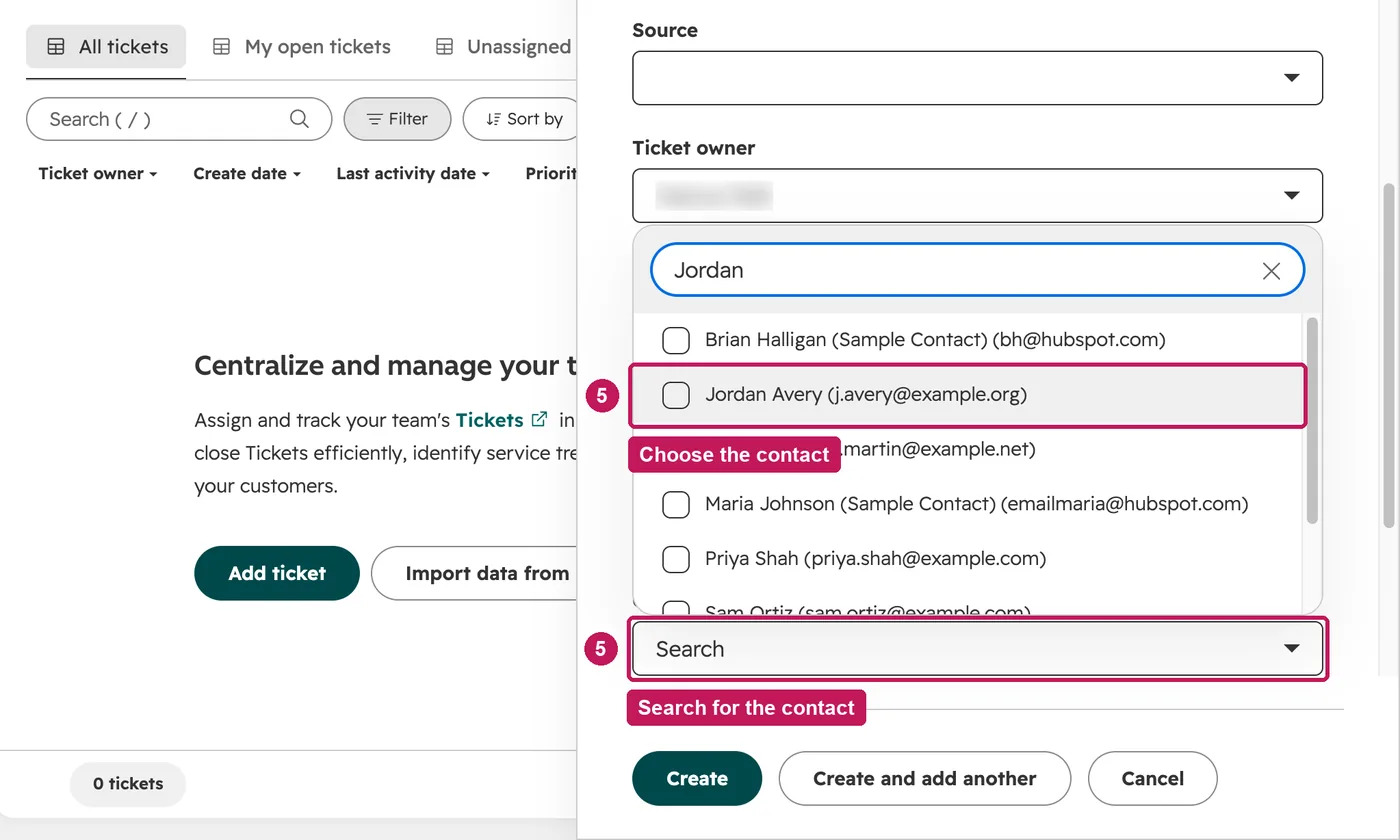 HubSpot screen for step 5: Associate the ticket with the contact who asked.