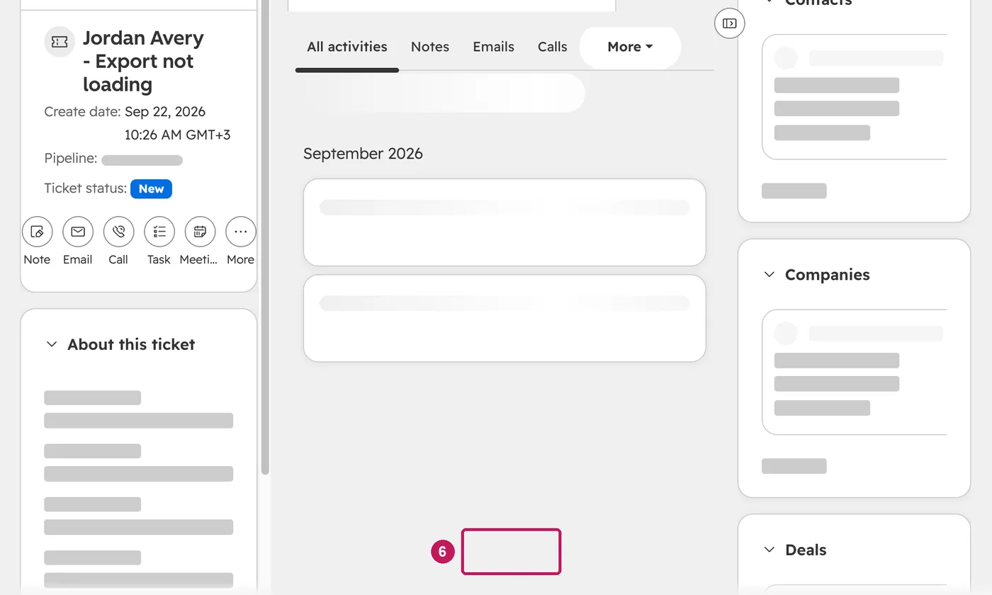 HubSpot screen for step 6: Click Create. The ticket is saved and linked to the contact.