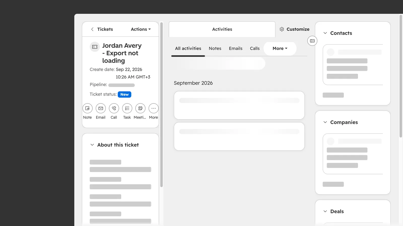 HubSpot screen from the video: Click Create. The ticket is saved and linked to the contact.