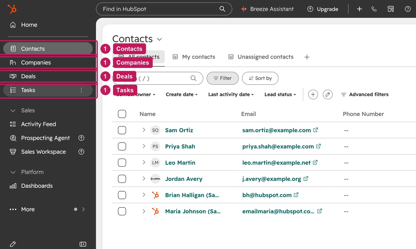 HubSpot screen for step 1: In the left navigation, find Contacts, Companies, Deals and Tasks.