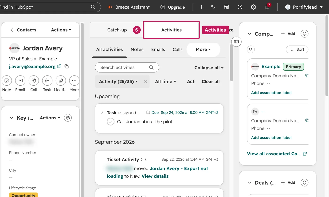 HubSpot screen for step 6: In the middle, open Activities to see the contact's timeline.