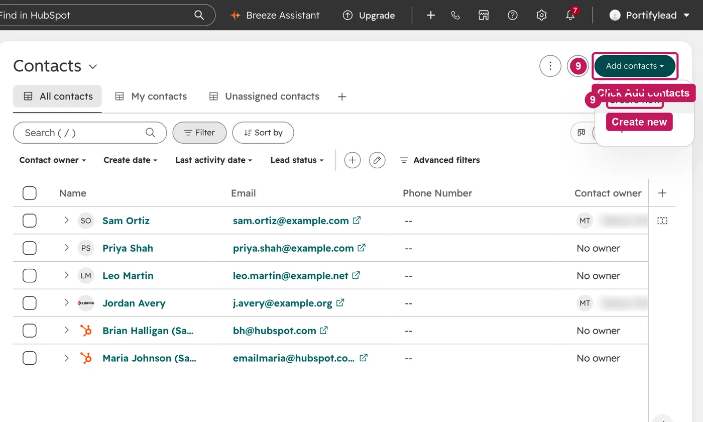 HubSpot screen for step 9: Click Add contacts, then Create new or Import. Companies and deals work the same way.