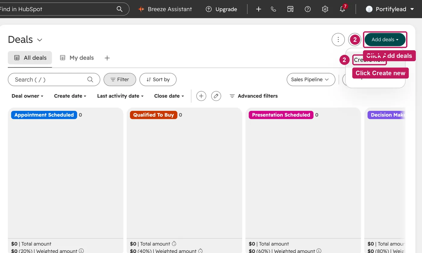HubSpot screen for step 2: Click Add deals, then Create new.
