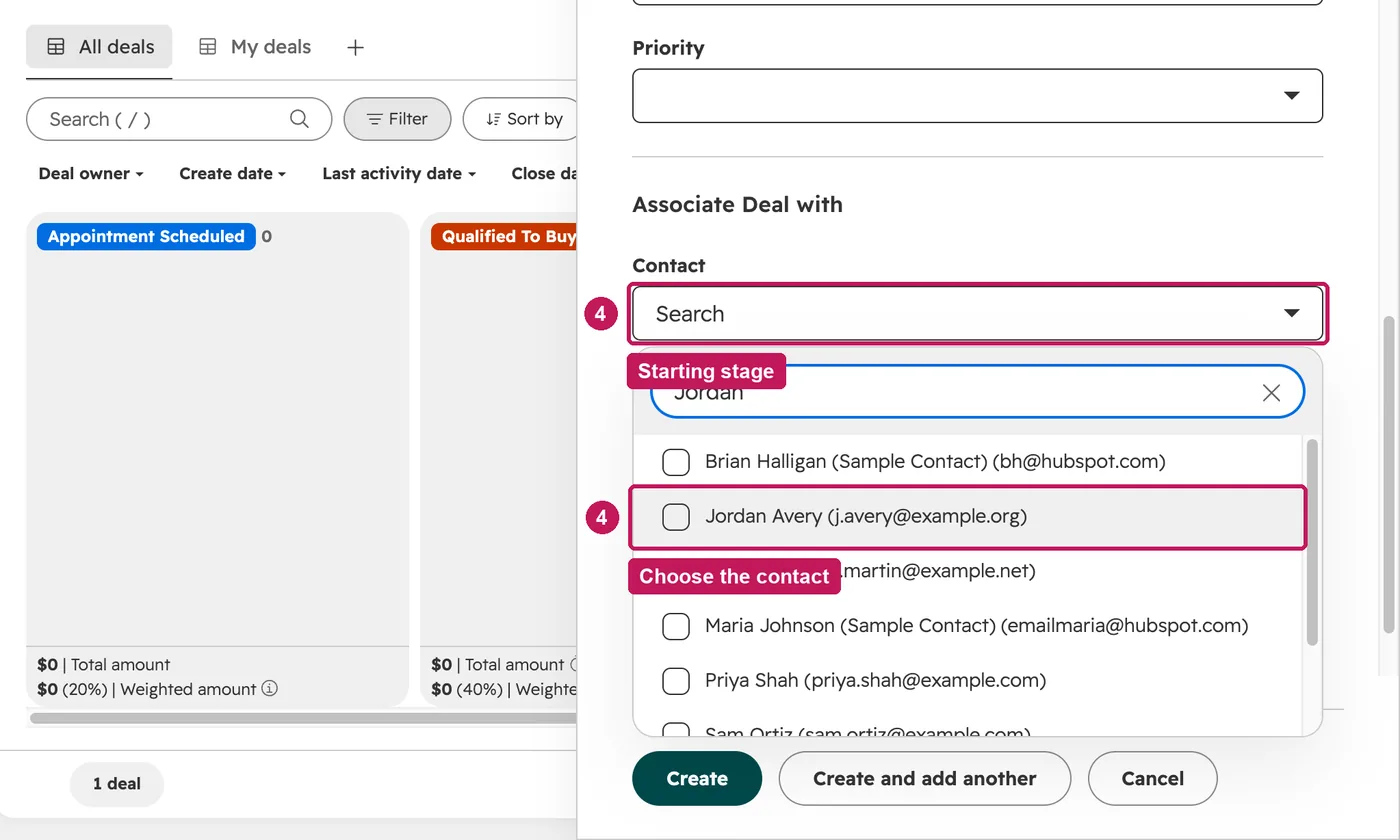 HubSpot screen for step 4: Check the starting stage, then search for the contact to associate.