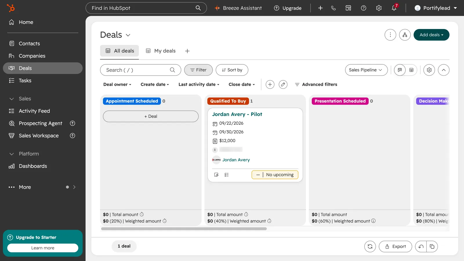 HubSpot screen from the video: As the deal progresses, drag it to the next stage.