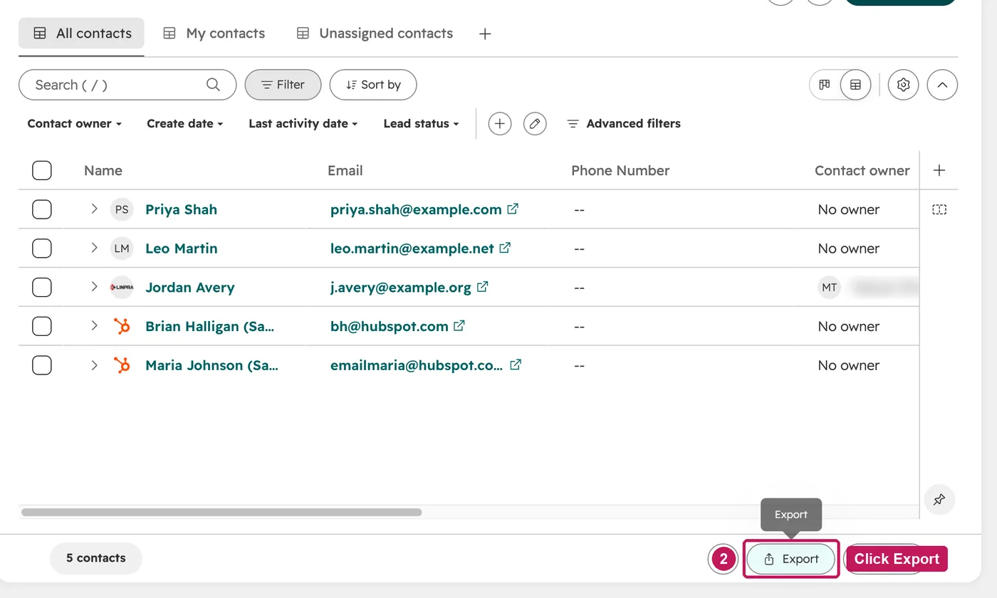 HubSpot screen for step 2: Click Export at the bottom of the table.