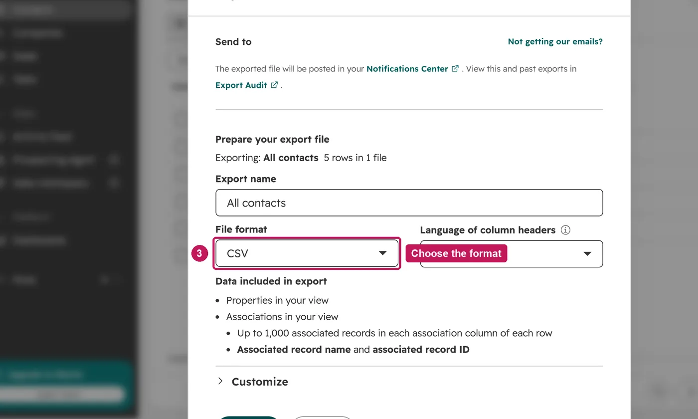 HubSpot screen for step 3: Name the export and choose the file format.