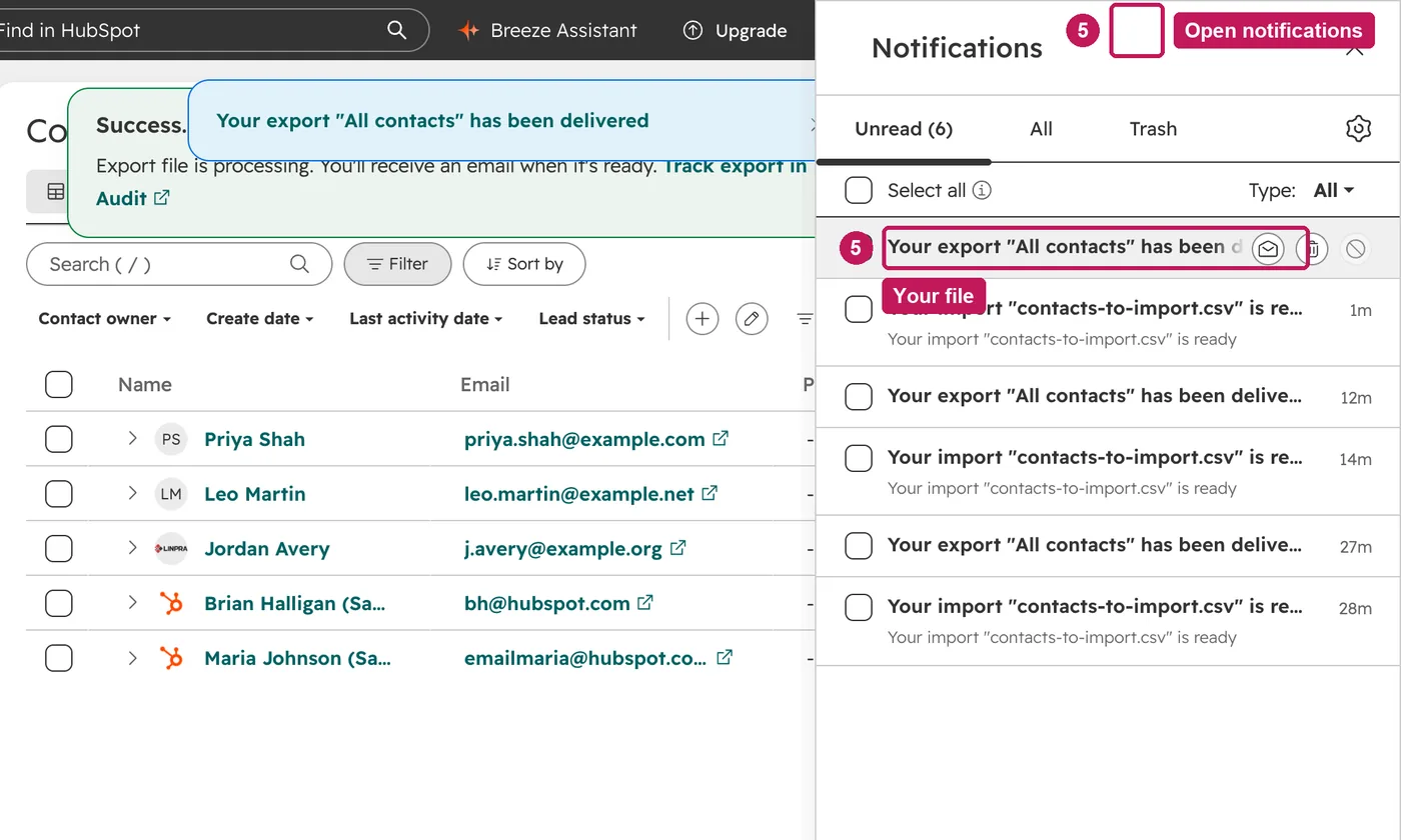 HubSpot screen for step 5: Open the notifications bell at the top to download the file.