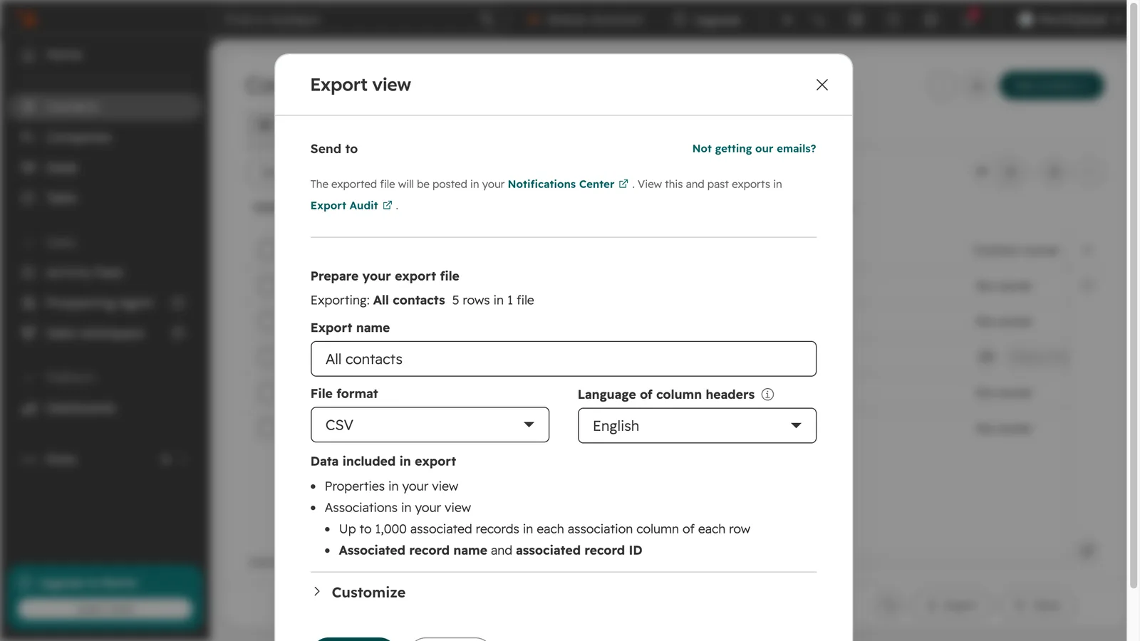 HubSpot screen from the video: Name the export and choose the file format.
