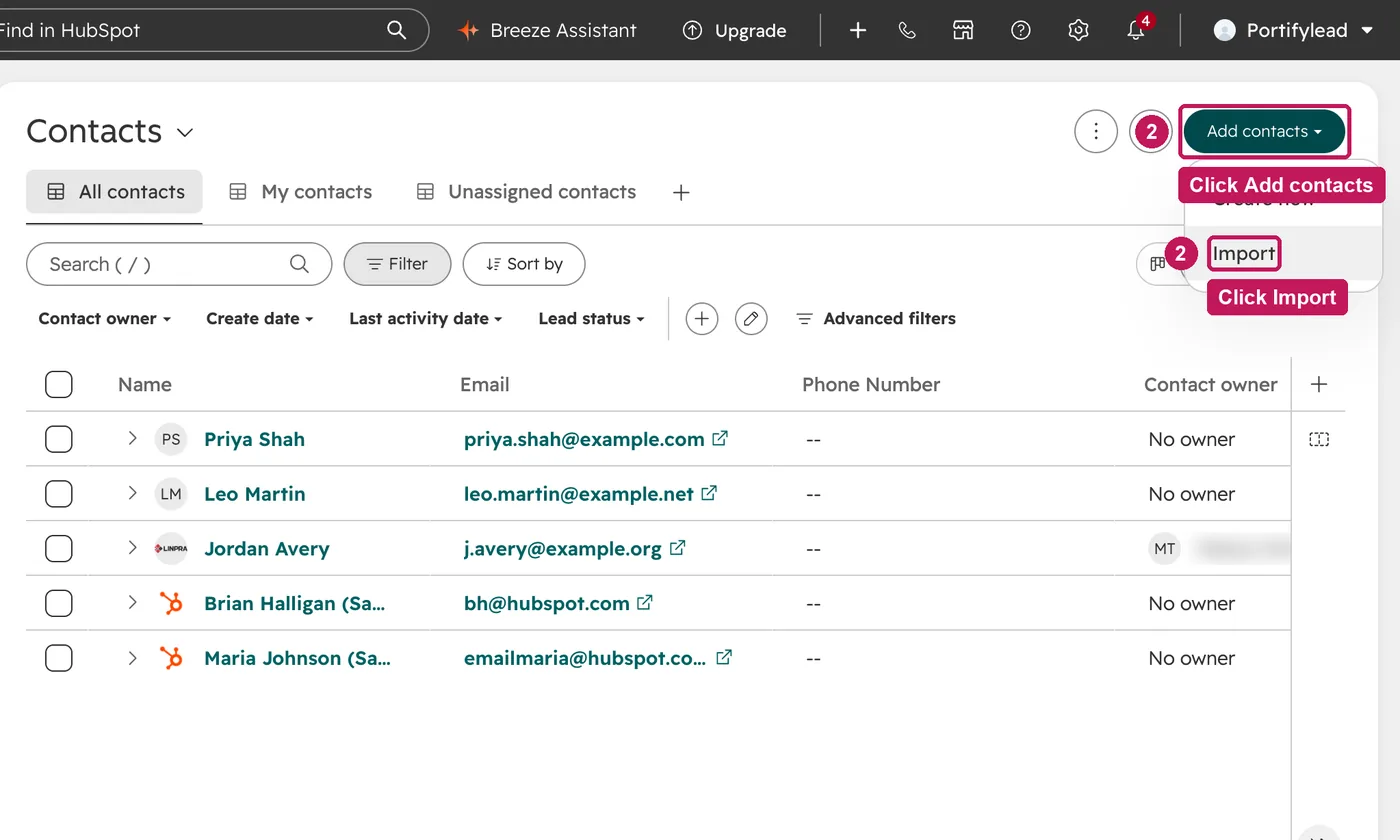HubSpot screen for step 2: In Contacts, click Add contacts, then Import.