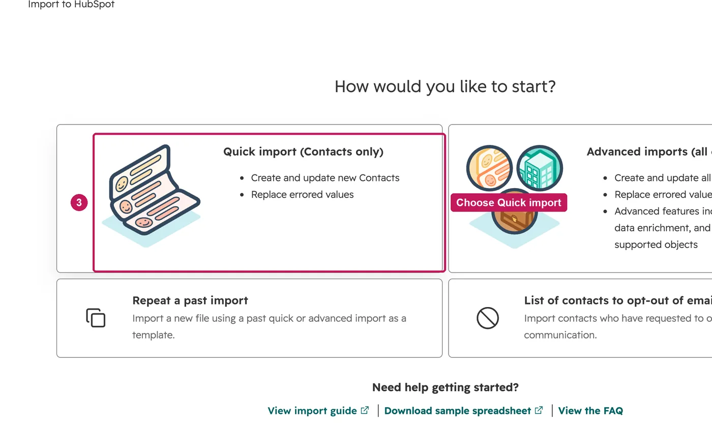 HubSpot screen for step 3: Click Import data, then Quick import.